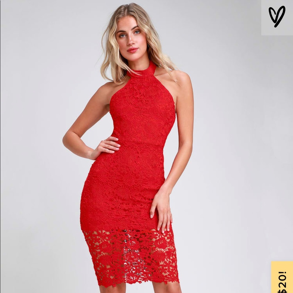 STRUT AND STUN RED LACE HALTER MIDI DRESS